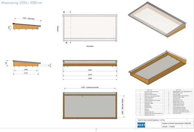 Daklicht Douglas 2250mm breed en 1000mm diep incl. gelaagd glas